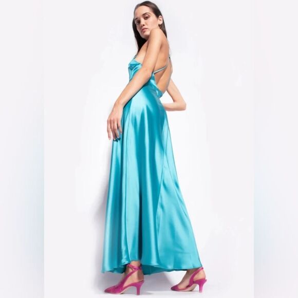 Anthropology Pinko Turquoise Blue High Neck Satin Slip Dress Medium It42/Us6 - Picture 10 of 16
